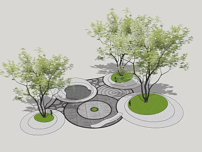 Arbor Trees In Landscape Design With Circular Green Areas And Stone Paths 3d model