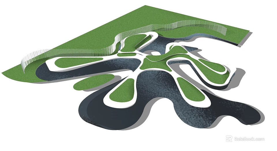 Garden Ornament Design With Green Grass White Fence And Irregular Winding Paths 3d model 