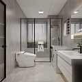 Modern Bathroom Interior With Glass Shower White Vanity Mirror Blinds Plants And Stone Tiles