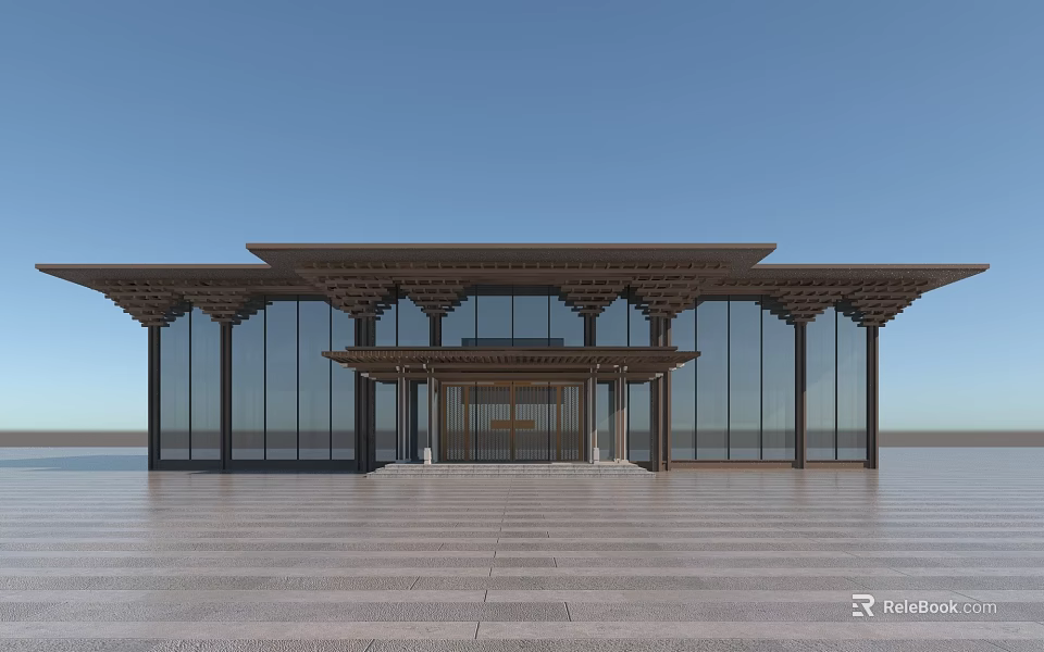 Modern Sales Office Building With Overhanging Roof Glass Walls And Spacious Entrance 3d model 