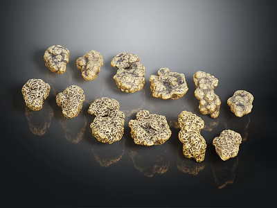 Wood Stone Decorative Pieces With Golden Texture And Intricate Patterns On Black Background With Reflections 3d model