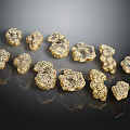 Wood Stone Decorative Pieces With Golden Texture And Intricate Patterns On Black Background With Reflections