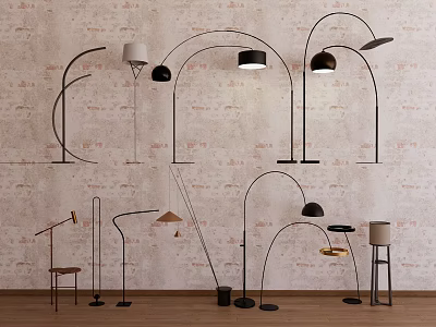 Modern Arched Floor Lamps With Black White Shades Against Brick Wall And Wooden Floor 3d model