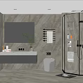 Modern Bathroom Interior With Marble Tiles Wall Mounted Vanity And Glass Shower Enclosure
