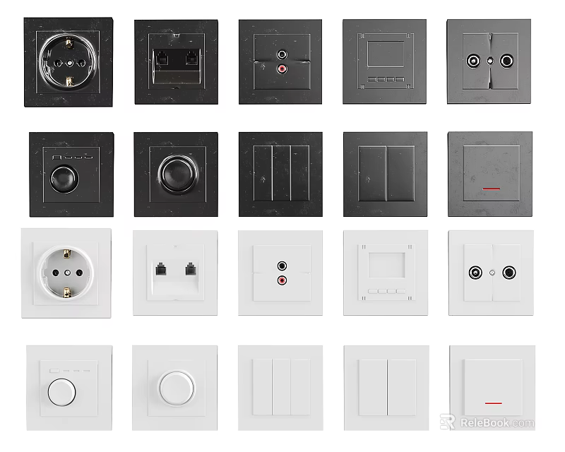 Modern Black and White Switch Panels with Various Socket and Toggle Designs 3d model