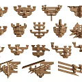 Traditional Wooden Architectural Components With Various Structural Designs And Ornamental Details