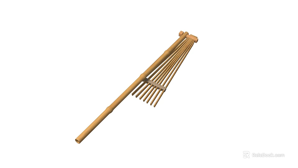Bamboo Agricultural Rake With Long Handle And Multiple Tines For Farming 3d model 