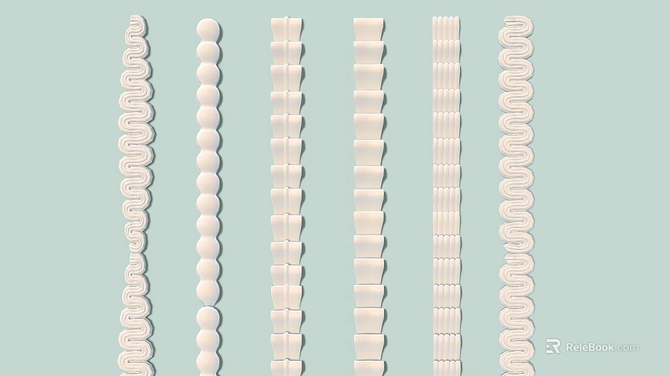 Assorted White Noodles of Various Shapes Arranged in Vertical Rows on Light Blue Background 3d model 