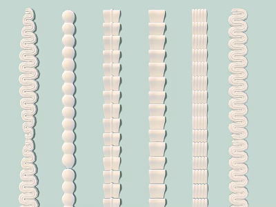 Assorted White Noodles of Various Shapes Arranged in Vertical Rows on Light Blue Background 3d model