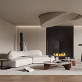 Modern Luxury Living Room Interior With White Sofa Fireplace Curved Pendant Light And Coffee Table