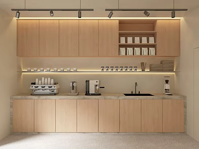 Modern Bar Counter Interior With Wooden Cabinets Coffee Appliances And Sink 3d model