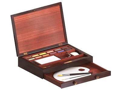 Wooden Art Paint Box With Watercolor Paints Palette Brushes And Tray 3d model