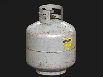 Old Rusty Metal Gas Cylinder With Valve And Yellow Warning Label 3d model