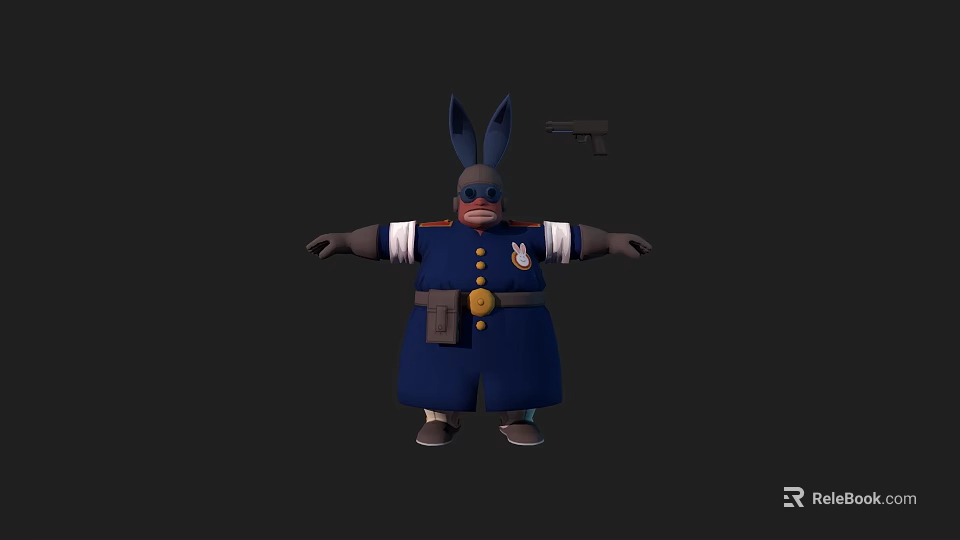 Cartoon Rabbit Game Character in Blue Uniform with Sunglasses Badge and Gun Holster 3d model 