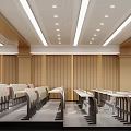 Modern Conference Room With Bright Lighting Long Tables Wooden Pillars Large Windows And Green Plants
