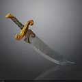 Vintage Medieval Decorative Sword With Orange Curved Handle And Detailed Metal Blade
