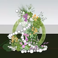 Outdoor Floral Installation With Circular Structure White Spheres Green Plants And Colorful Flowers