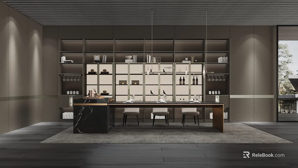 Modern Restaurant Interior With Open Shelves Black Marble Countertop Chairs And Displayed Items 3d model 