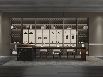 Modern Restaurant Interior With Open Shelves Black Marble Countertop Chairs And Displayed Items 3d model