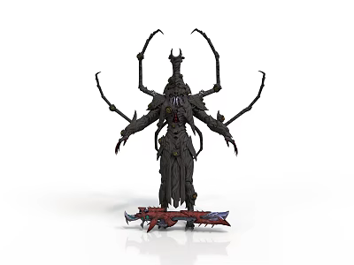 Dark Mythical Creature With Multiple Spiked Limbs And Horned Head On Red Base 3d model