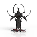 Dark Mythical Creature With Multiple Spiked Limbs And Horned Head On Red Base 3d model