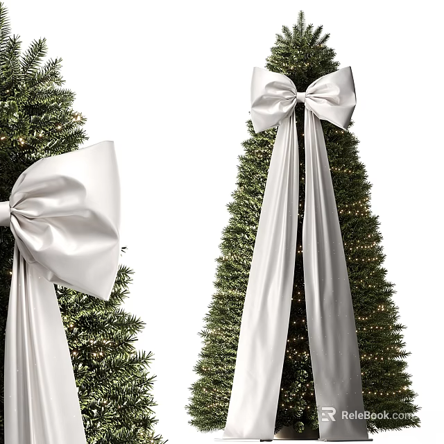 Decorative Christmas Tree With Large White Bow And Green Festive Branches 3d model