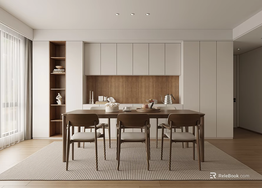 Modern Open Restaurant Interior With Wooden Dining Table Chairs And White Cabinets 3d model