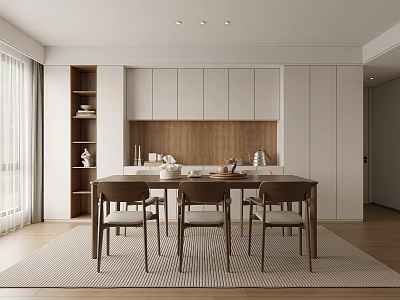 Modern Open Restaurant Interior With Wooden Dining Table Chairs And White Cabinets 3d model