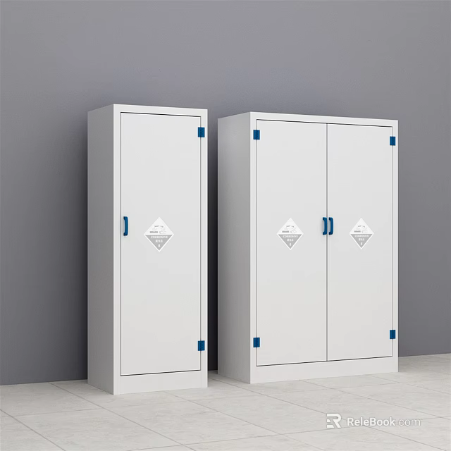 White Storage Cabinets With Blue Hinges And Diamond Signs In Room 3d model 