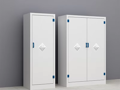 White Storage Cabinets With Blue Hinges And Diamond Signs In Room 3d model