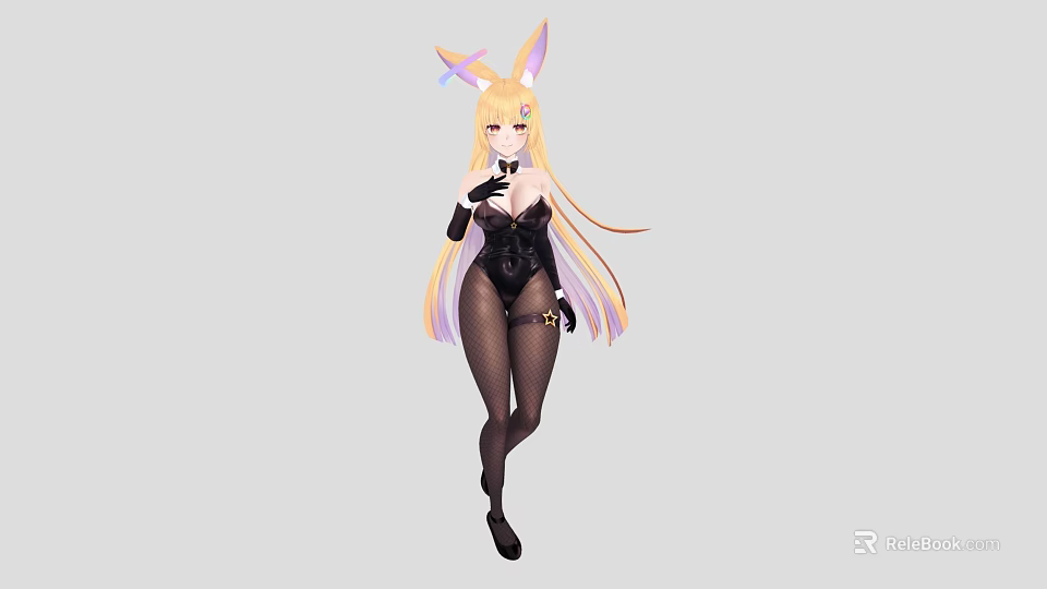 Woman With Bunny Ears And Long Blonde Hair Wearing Black Bodysuit Fishnet Stockings And Gloves 3d model 