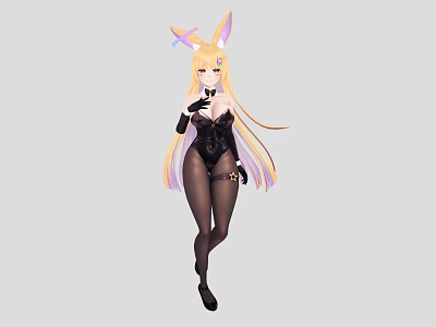 Woman With Bunny Ears And Long Blonde Hair Wearing Black Bodysuit Fishnet Stockings And Gloves 3d model