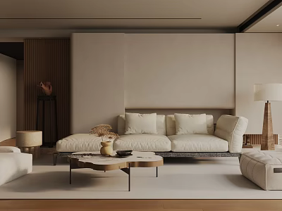 Modern Living Room Interior With Neutral Sofa Wooden Coffee Table And Floor Lamp Decor 3d model