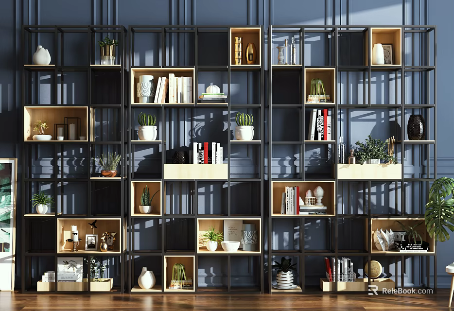 Wooden Shelf Unit With Black Frame Multiple Compartments Books Potted Plants And Decorative Items 3d model 