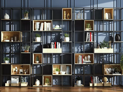 Wooden Shelf Unit With Black Frame Multiple Compartments Books Potted Plants And Decorative Items 3d model