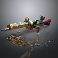 Ornate Decorated Gun Weapon With Intricate Gold Blue Patterns Surrounded By Scattered Bullets On Dark Surface
