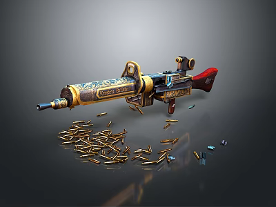 Ornate Decorated Gun Weapon With Intricate Gold Blue Patterns Surrounded By Scattered Bullets On Dark Surface 3d model