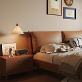 Warm Toned Bedroom Interior With Wooden Bed Table Lamps Decorative Paintings And Round Rug