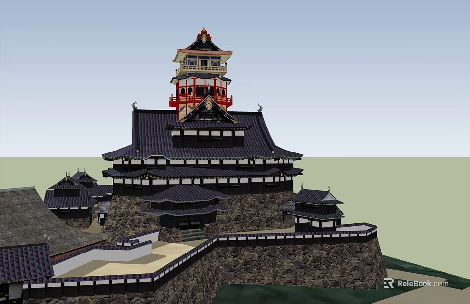 Ancient Castle Architecture Featuring Multi Tiered Structure Black Tiled Roofs Red Accents And Stone Walls 3d model 