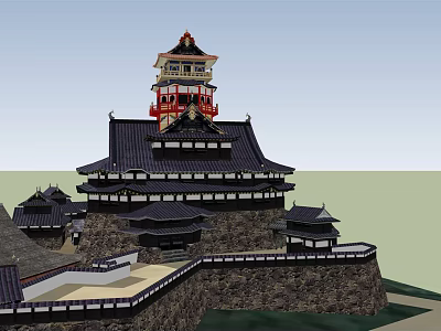 Ancient Castle Architecture Featuring Multi Tiered Structure Black Tiled Roofs Red Accents And Stone Walls 3d model