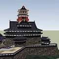 Ancient Castle Architecture Featuring Multi Tiered Structure Black Tiled Roofs Red Accents And Stone Walls