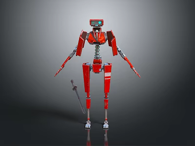 Red Robot Character With Skeleton Structure Holding Sword And Blue Eyes In Gray Background 3d model