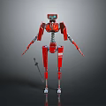 Red Robot Character With Skeleton Structure Holding Sword And Blue Eyes In Gray Background