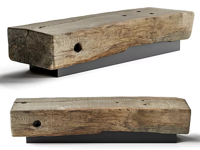 Natural Wooden Decorative Bench With Black Base And Round Holes 3d model
