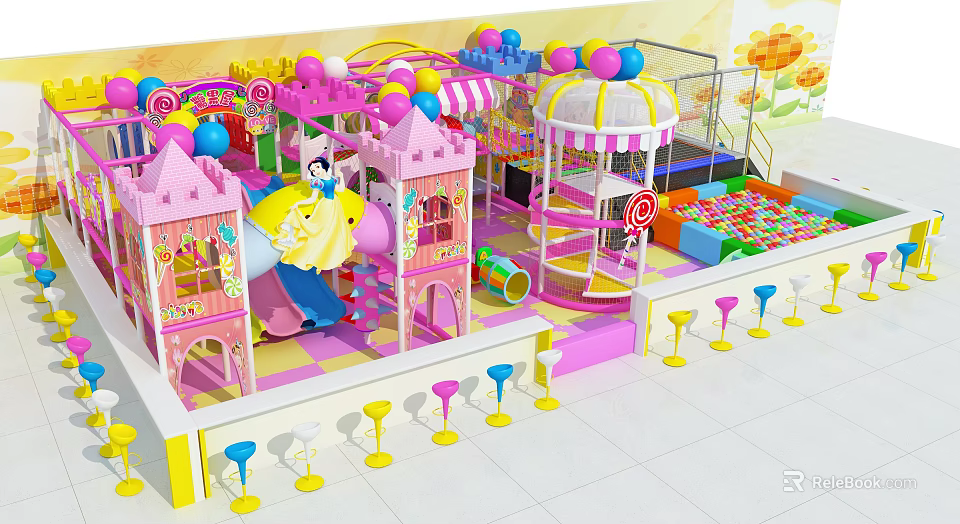 Colorful Indoor Playground Equipment With Castle Slide Ball Pit And Rotating Rides 3d model 