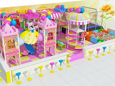 Colorful Indoor Playground Equipment With Castle Slide Ball Pit And Rotating Rides 3d model