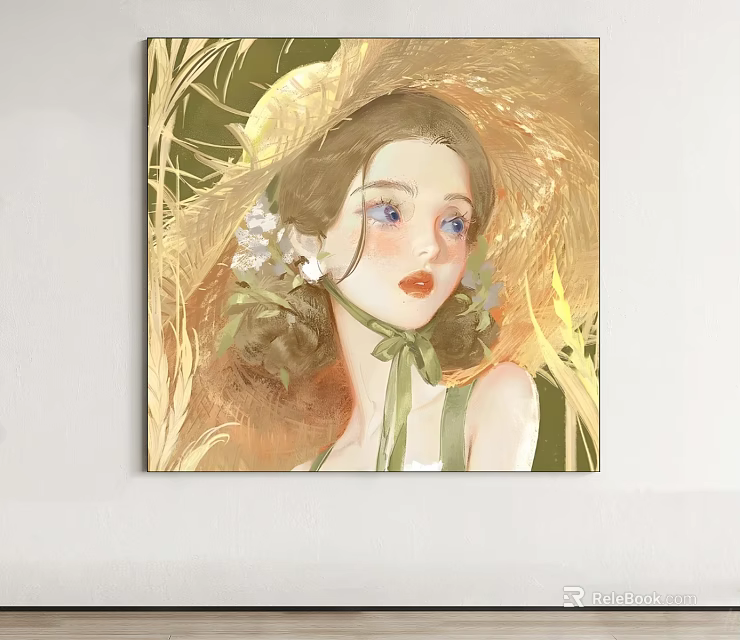 Oil Painting of Girl in Straw Hat with Flowers Braids Green Ribbon and Golden Grass 3d model 