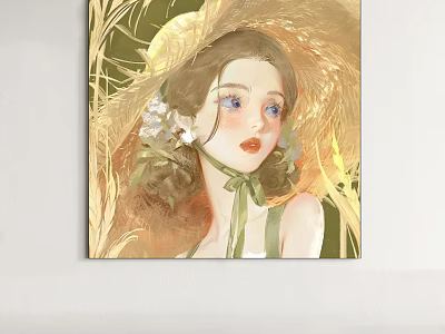 Oil Painting of Girl in Straw Hat with Flowers Braids Green Ribbon and Golden Grass 3d model