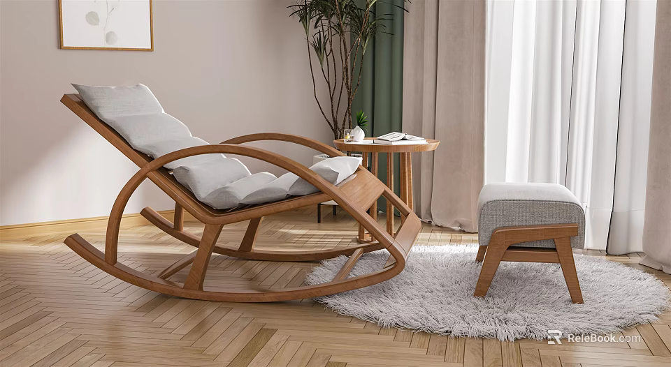 Wooden Rocking Chair with White Cushions and Matching Ottoman in Cozy Indoor Space with Soft Rug 3d model 