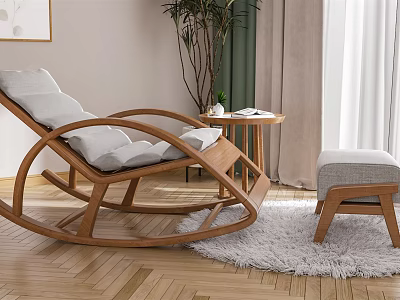 Wooden Rocking Chair with White Cushions and Matching Ottoman in Cozy Indoor Space with Soft Rug 3d model